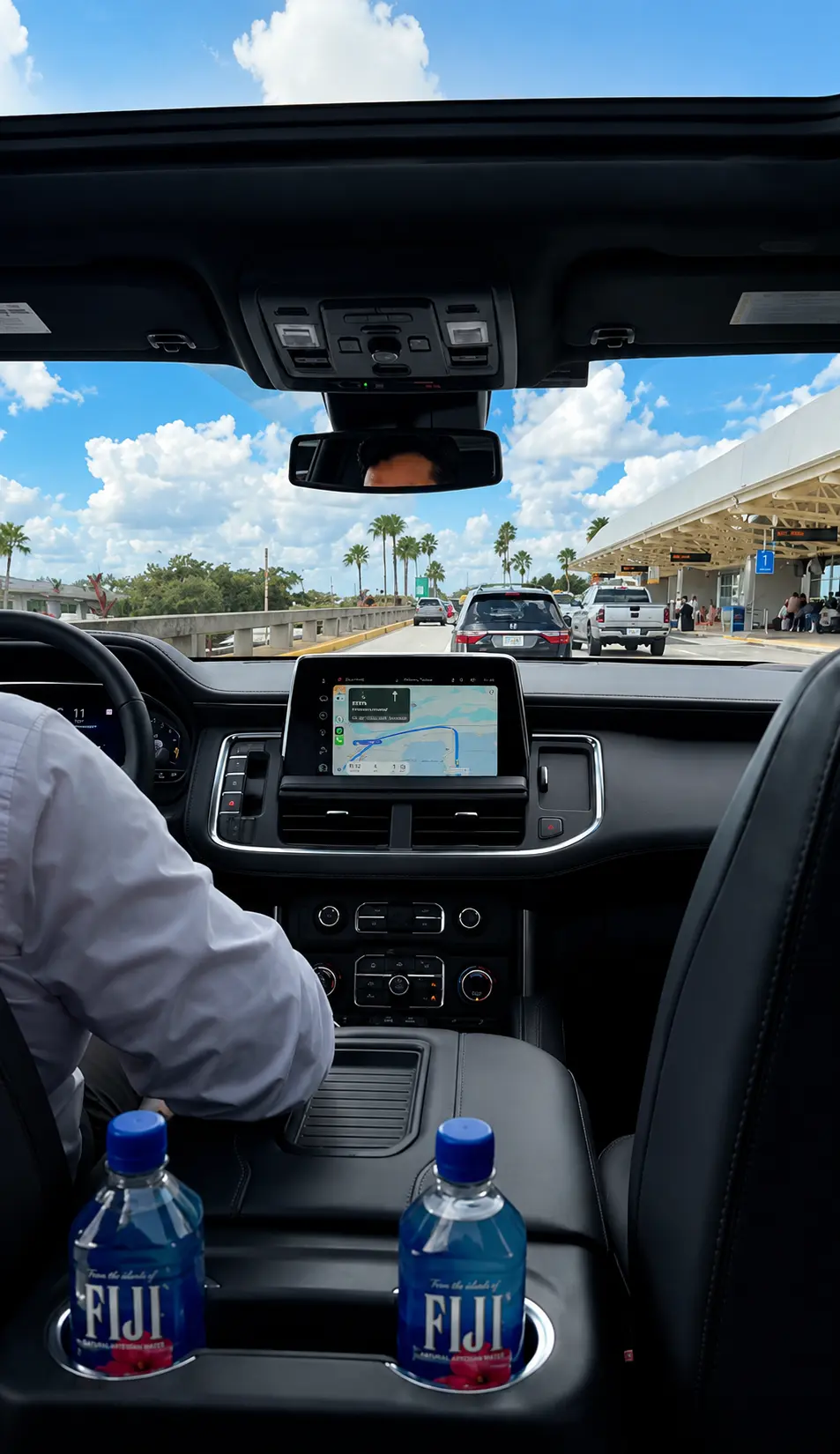 Luxury SUV airport transfer interior arriving at Orlando airport with complimentary Fiji water and premium passenger experience.