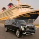 Black Chevrolet Suburban parked in front of a Disney cruise ship at Port Canaveral for private transportation service.