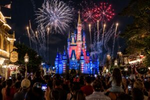 Fourth of July fireworks over Cinderella Castle at Magic Kingdom in Walt Disney World during the 2026 Independence Day celebration