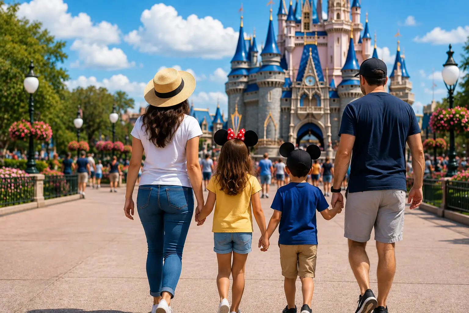 Family walking toward Cinderella Castle at Disney World while enjoying a magical vacation. More SEO-focused