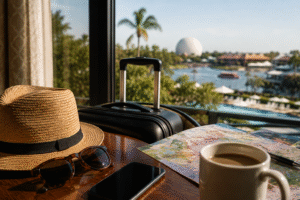 Travel planning essentials on a Disney resort balcony with luggage, map, coffee, and a view of Walt Disney World before a family's arrival day.