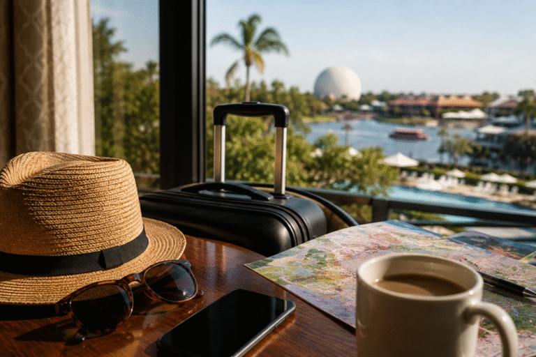 Travel planning essentials on a Disney resort balcony with luggage, map, coffee, and a view of Walt Disney World before a family's arrival day.