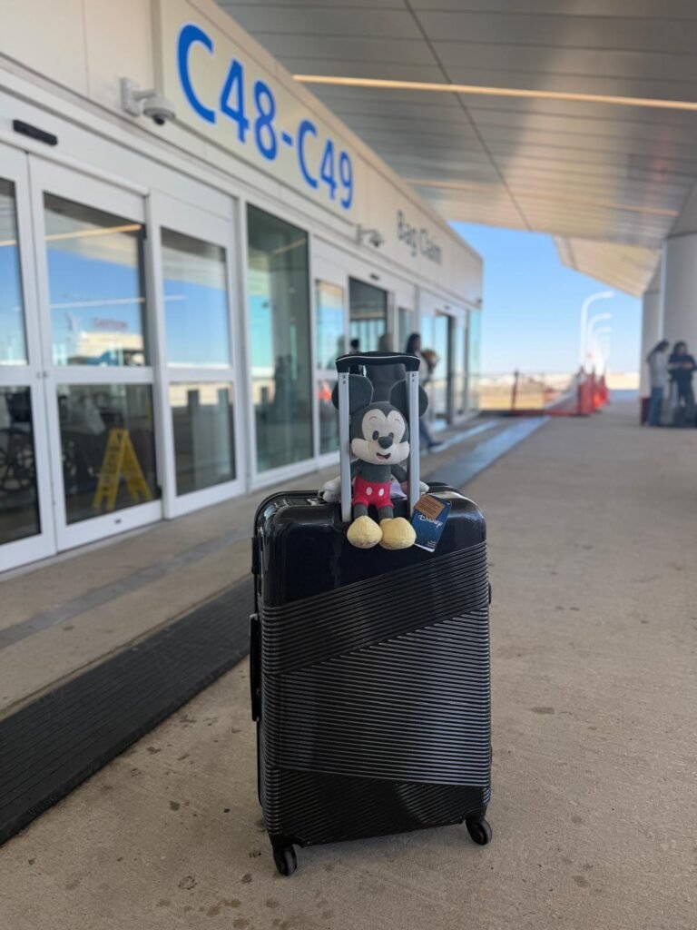 Large suitcase with Disney luggage at Orlando International Airport before private transportation